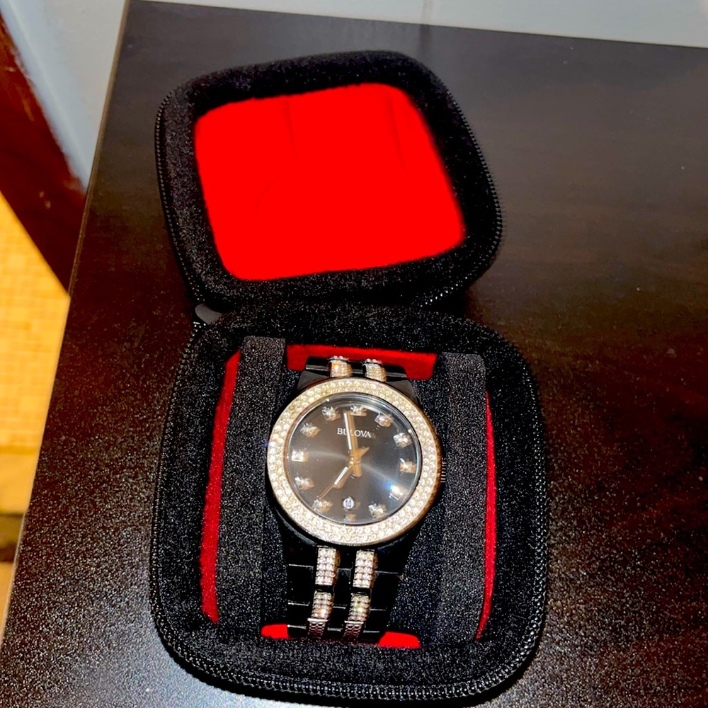 Bulova Men's Crystal Date Luminous Black Stainless Steel Watch 42 MM 98K101